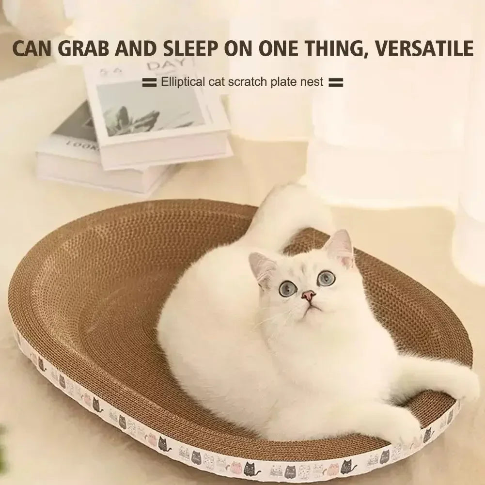 Cat sitting on a round, elevated cat scratch plate with text highlighting its versatility.