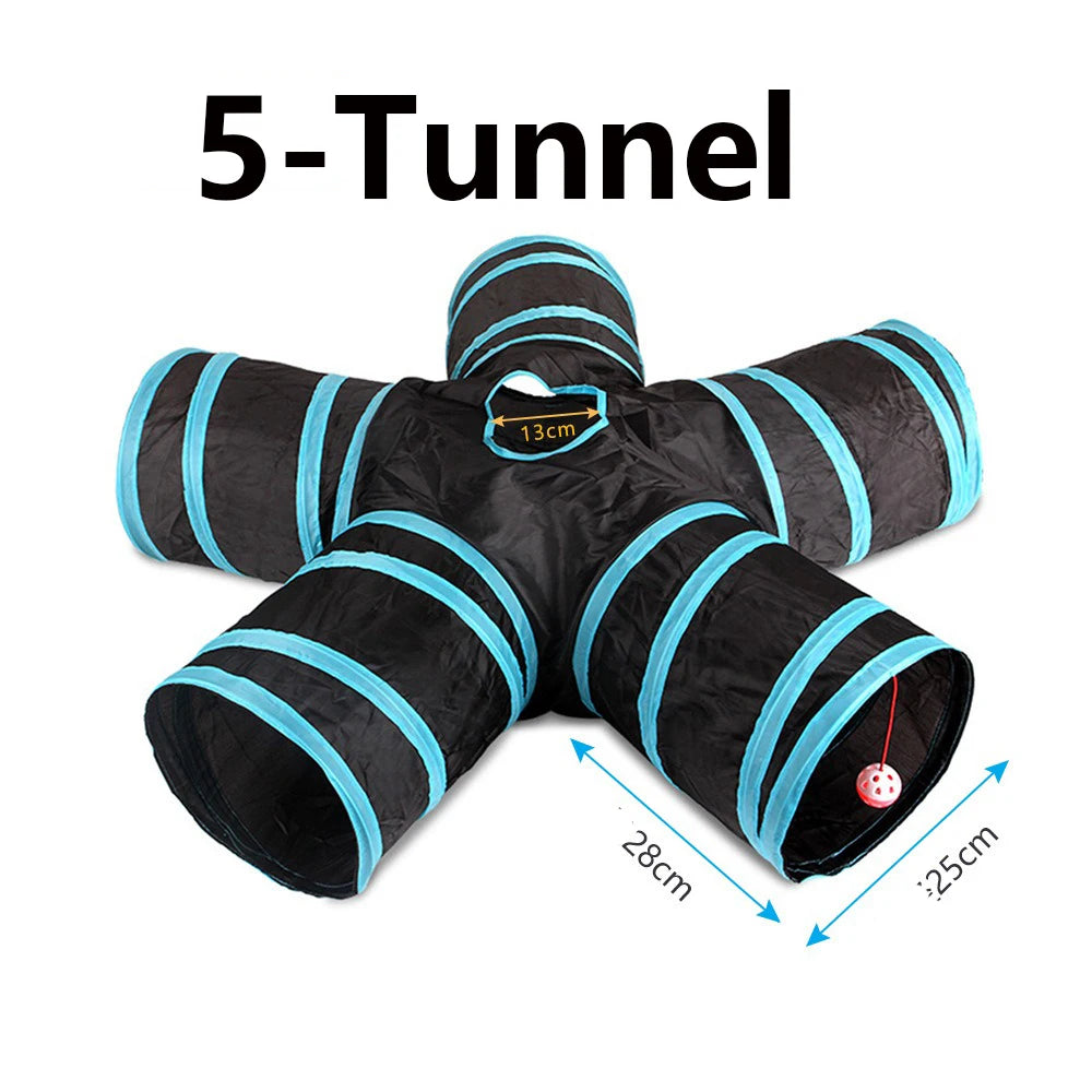 Black and blue 5 tunnel pet tunnel toy with measurements on a white background