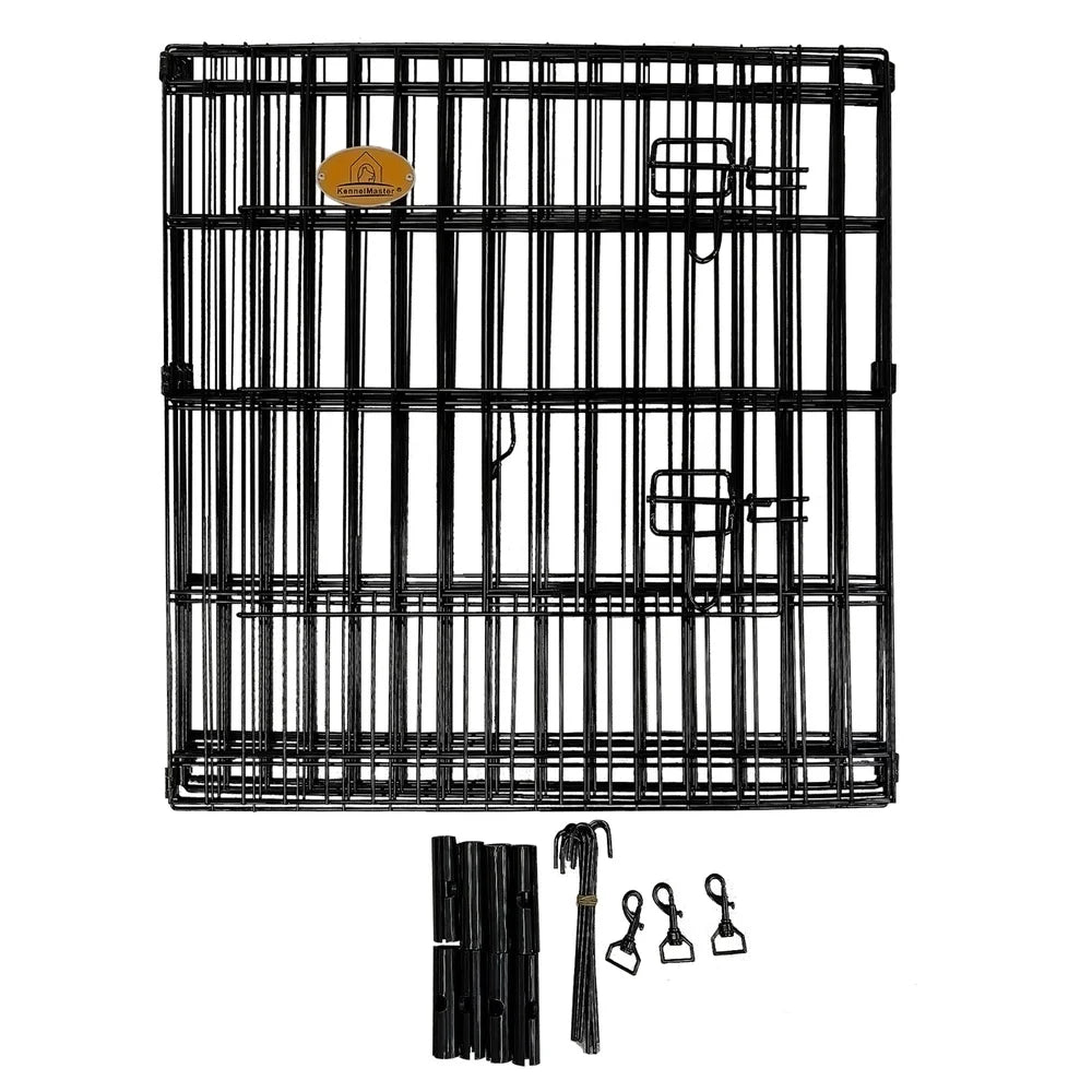 Black metal pet cage with accessories on a white background