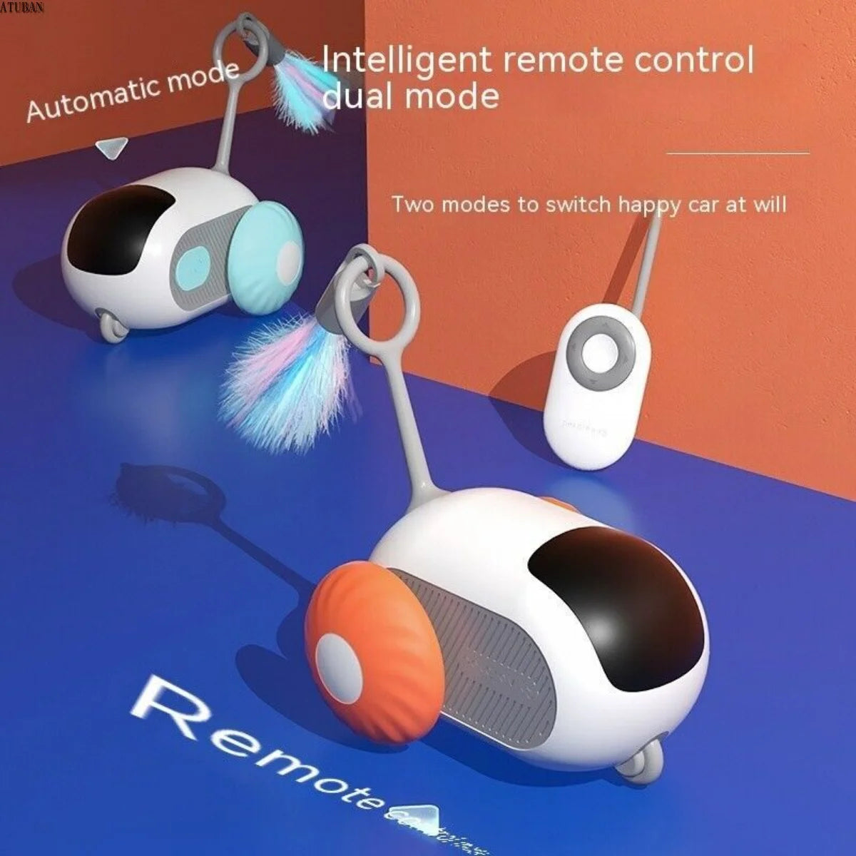Toy robot with remote control on a blue and orange background
