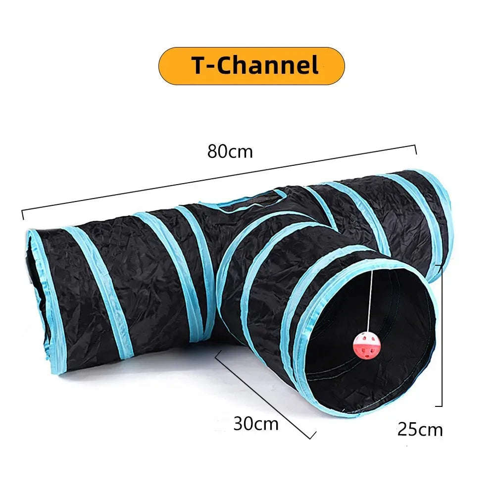 Collapsible pet tunnel with T-channel design, black and blue color scheme, and measurements on a white background.