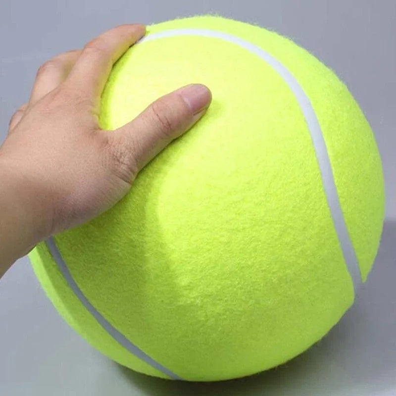 An adults hand on top of the 9.5 tennis ball