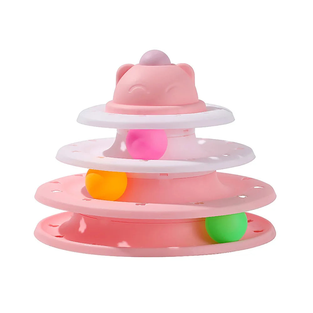 Pink baby toy with multiple levels and colorful balls on a white background
