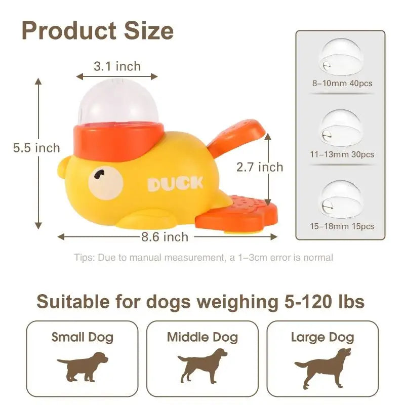 Measurement chart of a yellow duck-shaped dog toy with dimensions and size suitability for dogs.