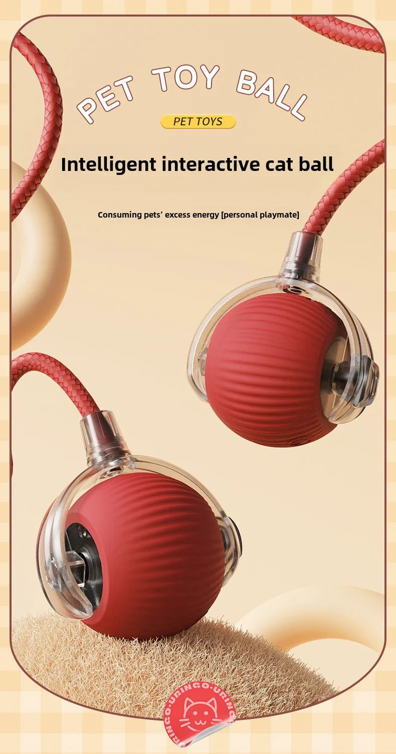 Red pet toy ball with a string on a beige background, labeled as an intelligent interactive cat toy.