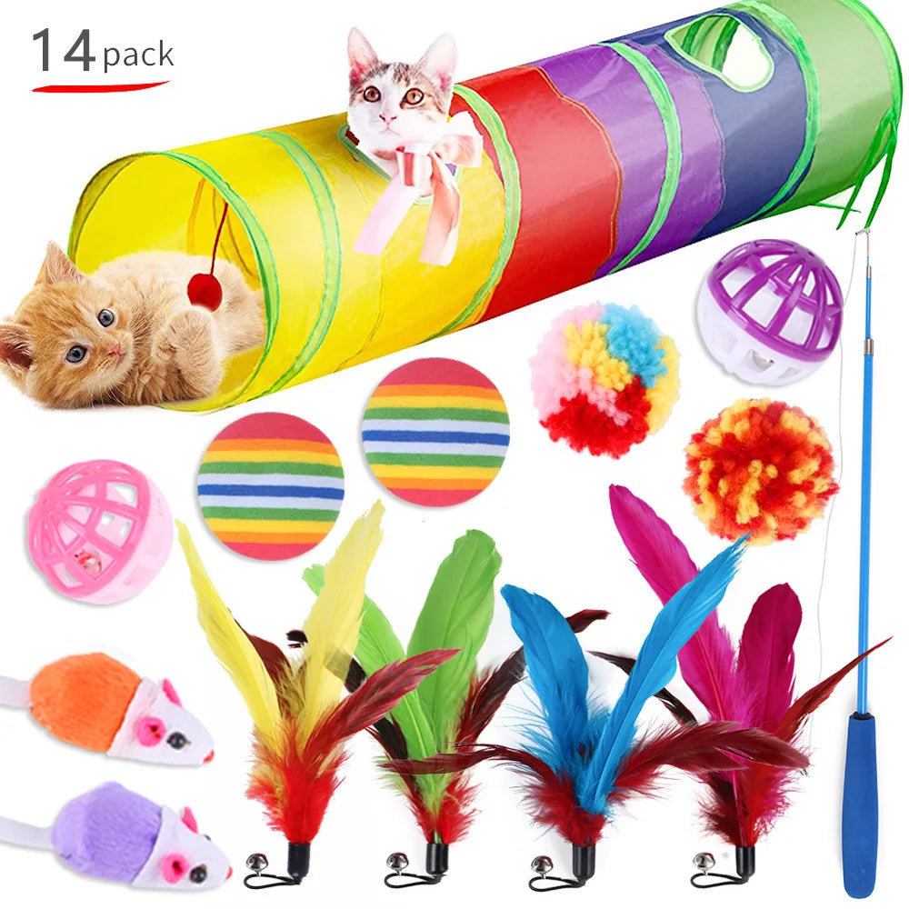 Cat toy set with colorful tunnel, balls, feathers, and mice toys on a white background.