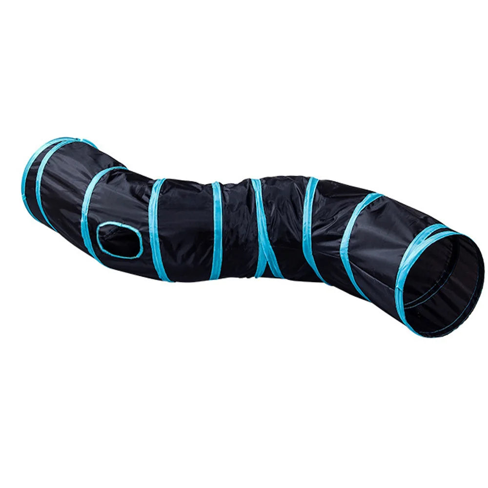 Black pet tunnel with blue accents on a white background