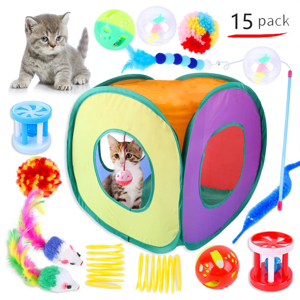 Cat play tunnel with various cat toys on a white background