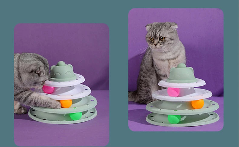 Two images of a cat playing with a three-tiered cat toy on a purple background.