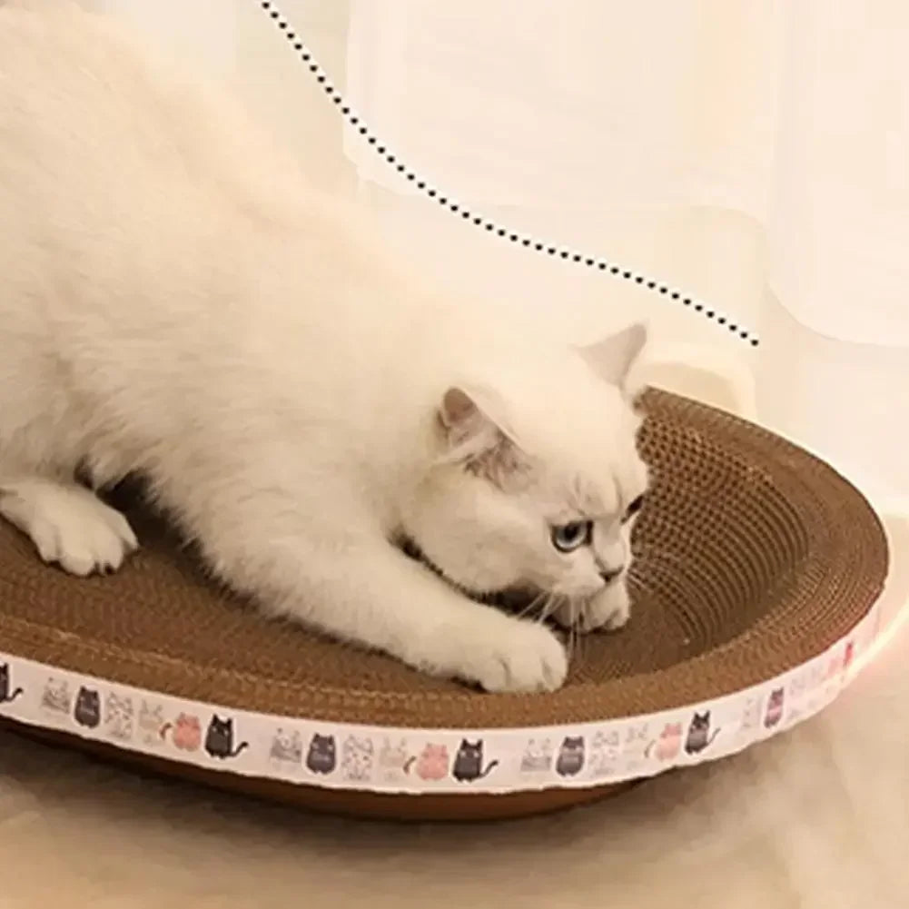 White cat lying on a brown cat scratcher with a patterned border.