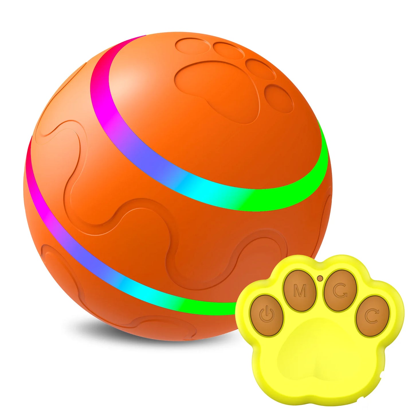 Orange ball with colorful bands and a yellow paw-shaped remote control on a white background