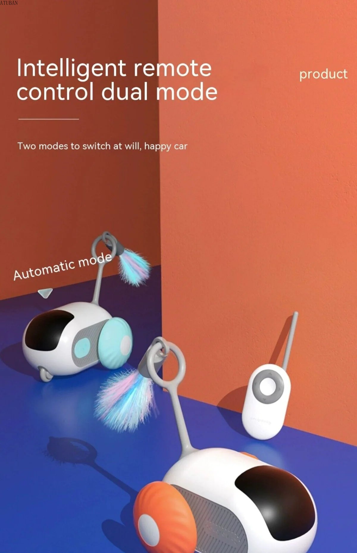 Two robotic devices with a remote control on a blue and orange background, labeled 'Intelligent remote control dual mode'.