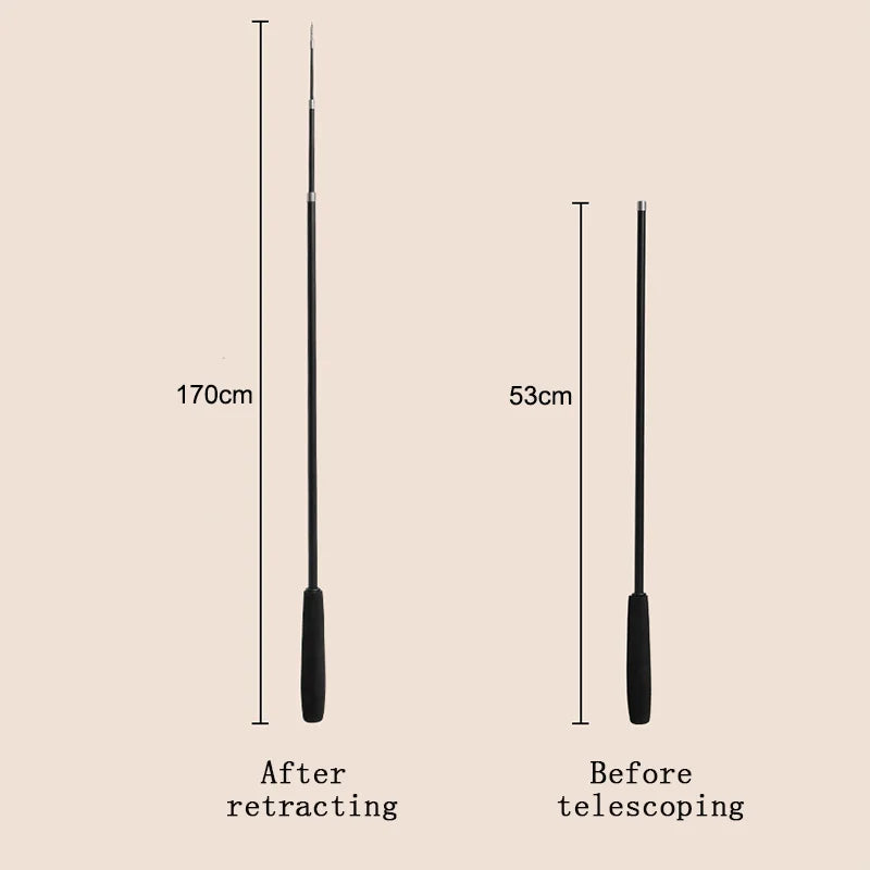 Measurement chart showing a telescopic rod's length before and after telescoping on a beige background.