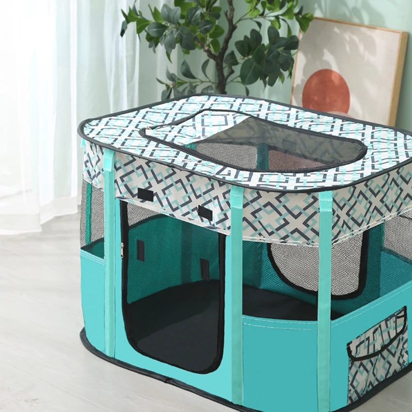 Pet playpen with geometric pattern on a light wooden floor.