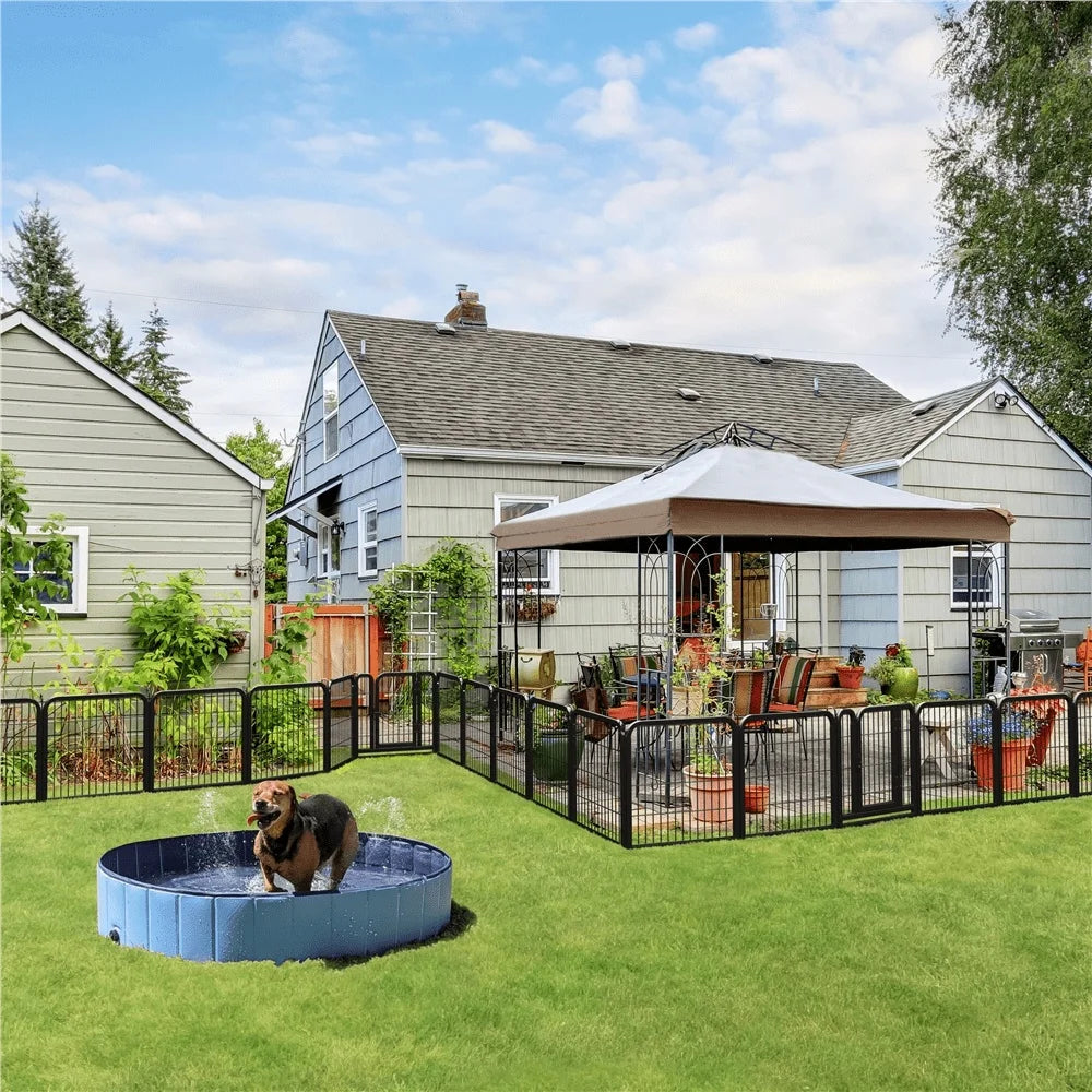 Dog playing in a blue portable pool in a backyard with a gazebo and outdoor furniture.