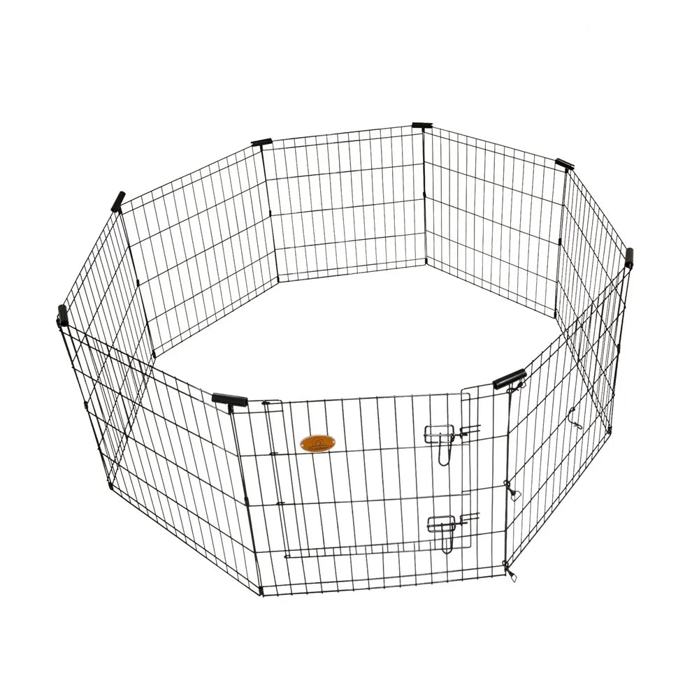 Black metal pet playpen with a brown ball inside on a white background