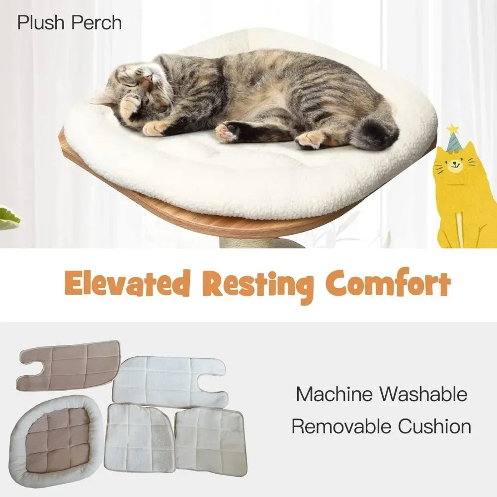 Cat resting on a plush perch with text highlighting comfort and machine washability.