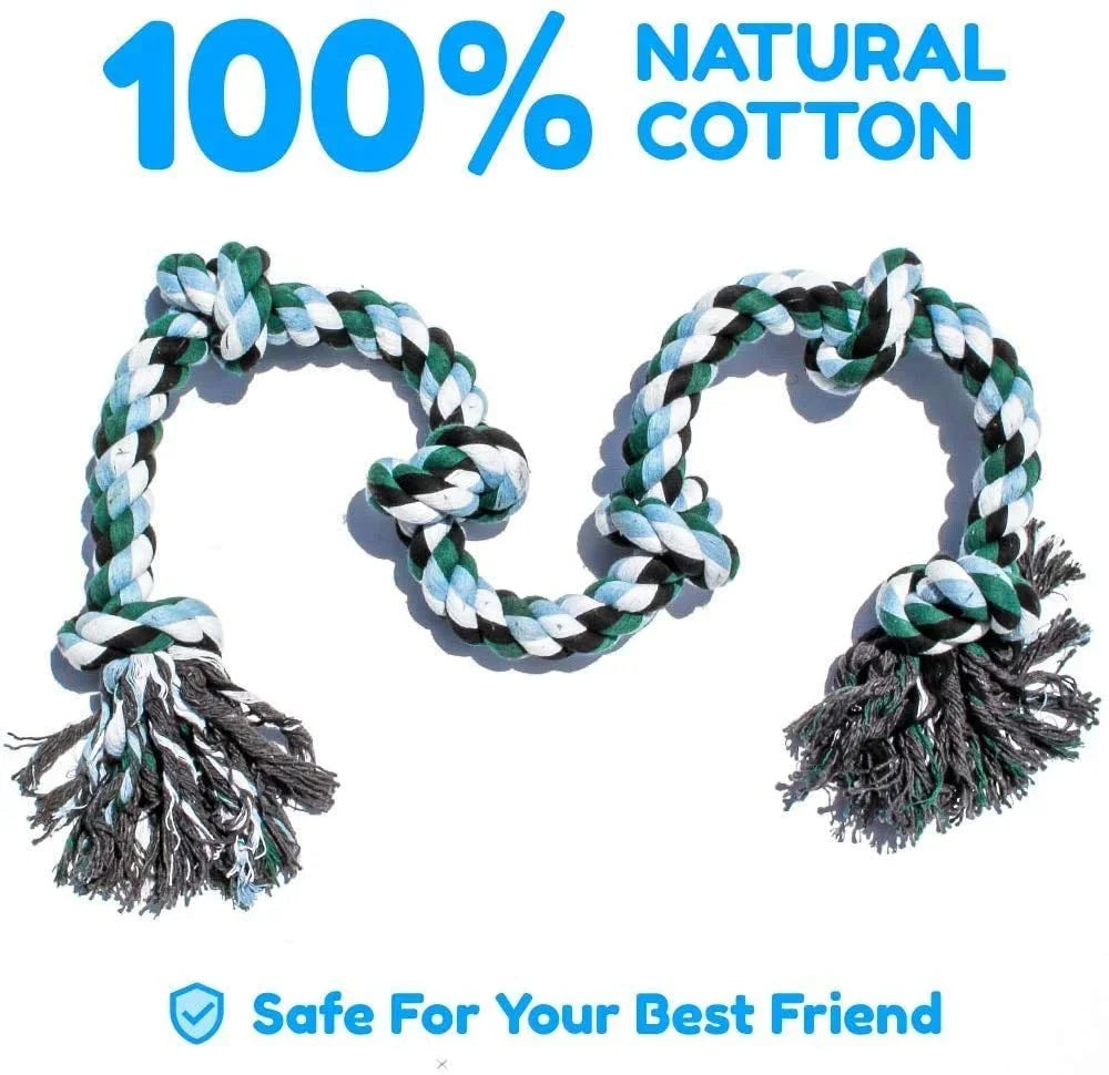 Two braided cotton dog toys with tassels on a white background, labeled as 100% natural cotton and safe for pets.