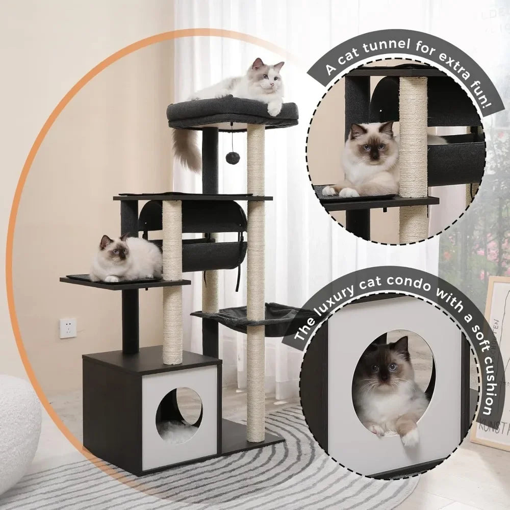 Cat tree with multiple levels and a soft cushion, featuring a cat sitting on each level.