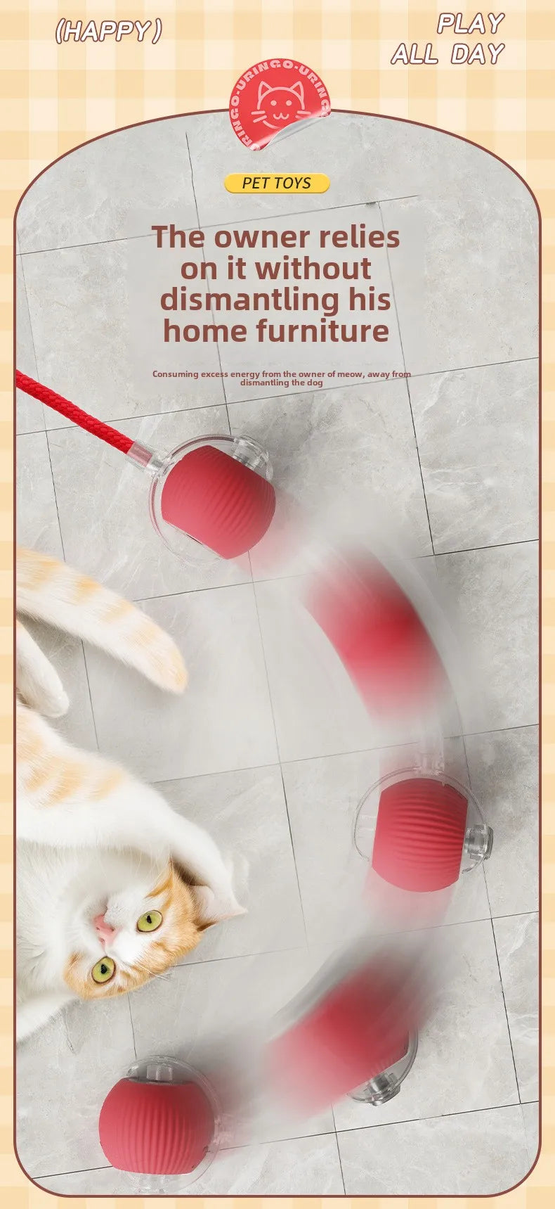Cat playing with a red toy on a tiled floor, with text about the owner relying on the toy without dismantling home furniture.