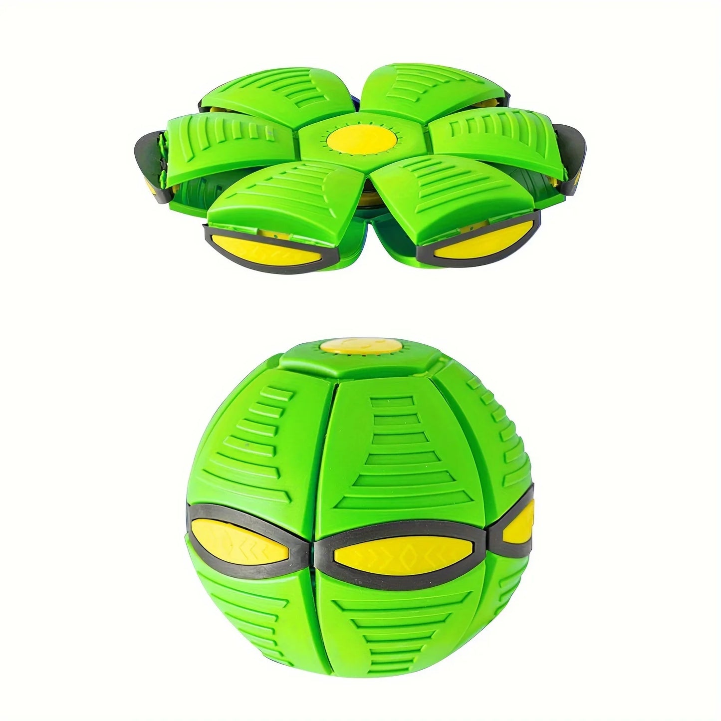 Green ball to frisbee toy with yellow accents on a white background