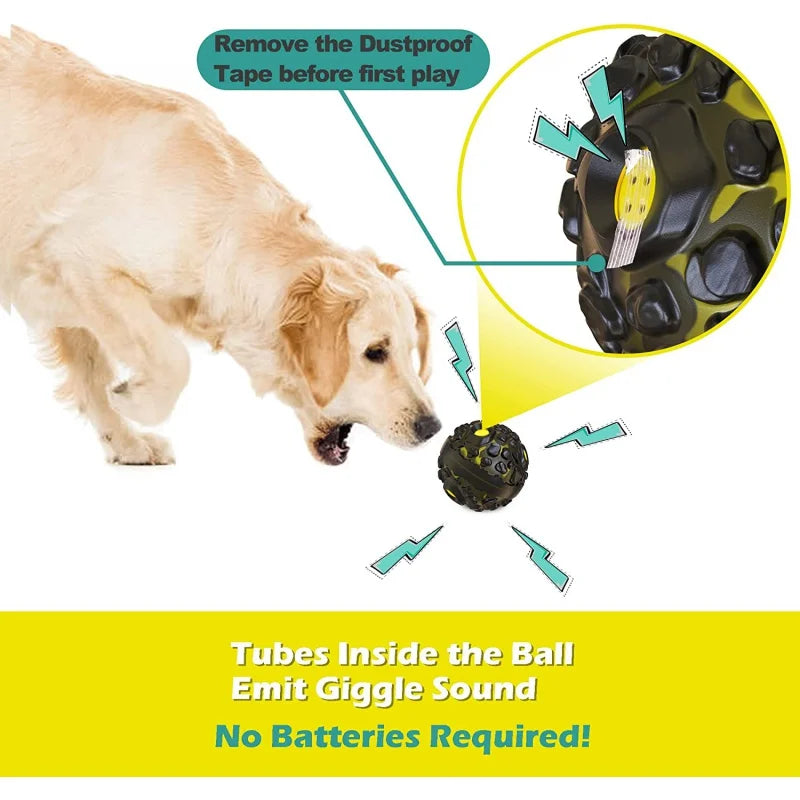 Dog playing with a ball that emits giggle sounds, with text instructions on using it.