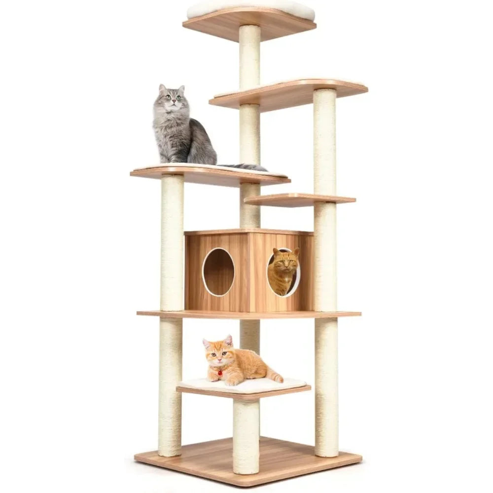 Cat tree with multiple levels and a cat sitting on each level against a white background