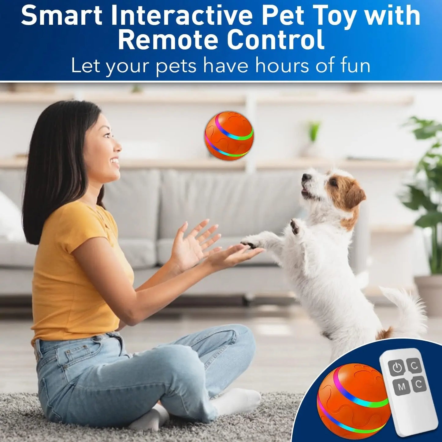 Woman playing with a dog using a smart interactive pet toy with remote control in a living room.