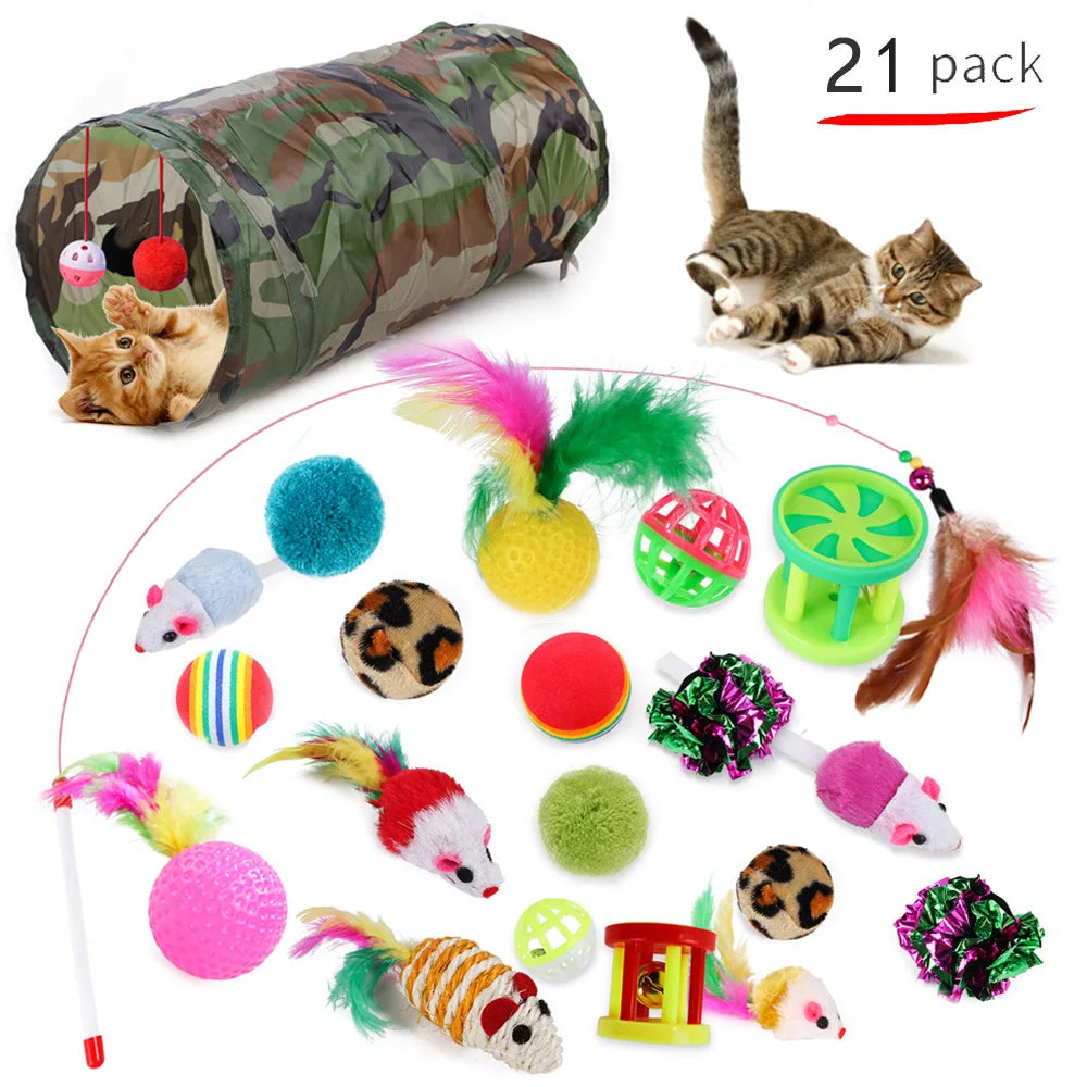 Assorted cat toys with a camouflage tunnel and a cat playing, labeled '21 pack'.
