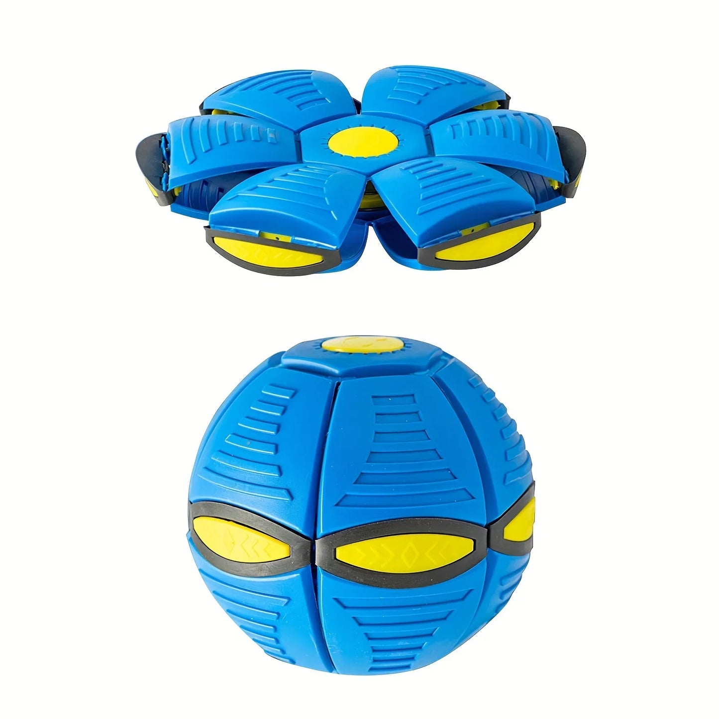 Blue and yellow ball to frisbee toy on a white background