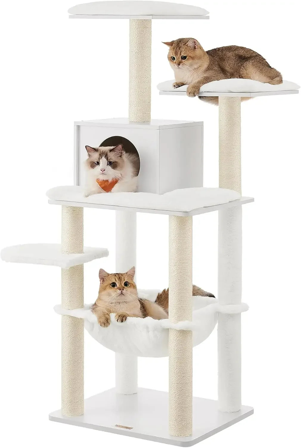Cat tree with multiple levels and a hammock, featuring three cats on different levels.