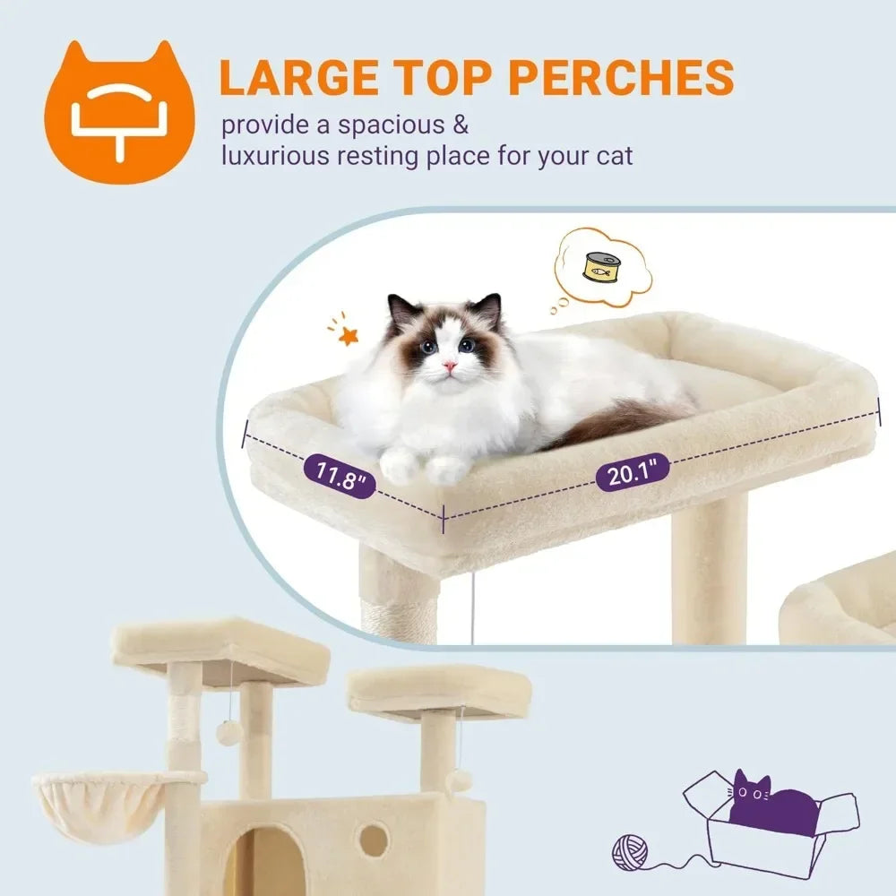 Cat tree with large top perch and measurement details, featuring a cat sitting on the perch.