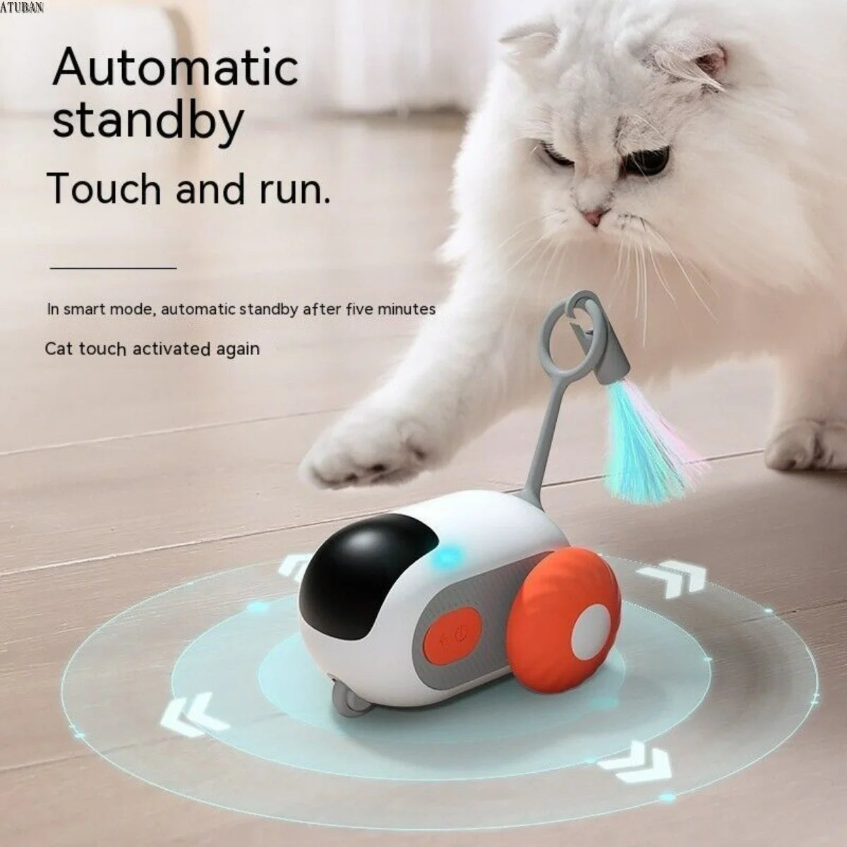 Cat toy with LED light and water feature, featuring a cat interacting with it.