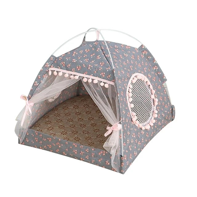 Floral patterned pet tent with transparent roof on a white background