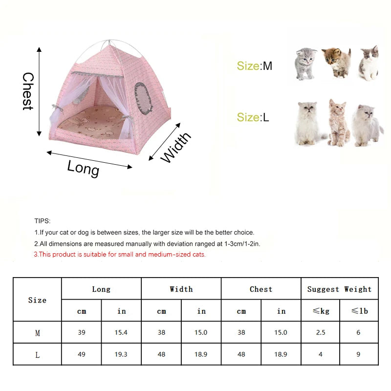 Pet tent with dimensions and size chart for small and medium-sized cats.