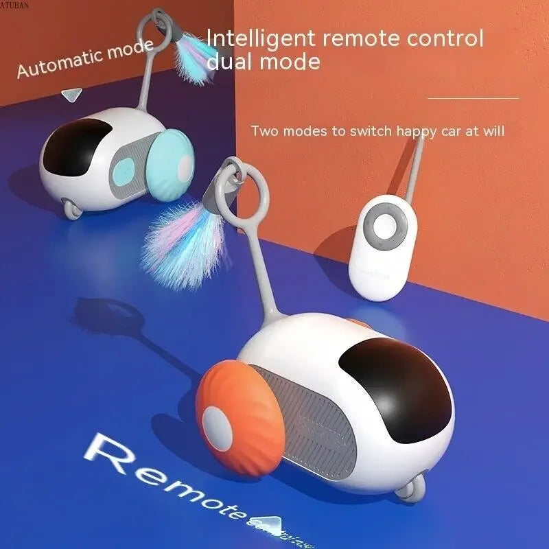 Toy robot with remote control on a blue and orange background