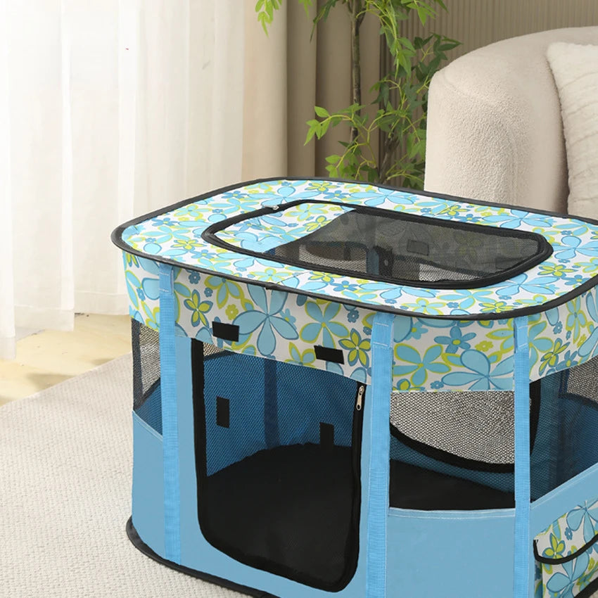 Floral-patterned pet playpen in a living room setting