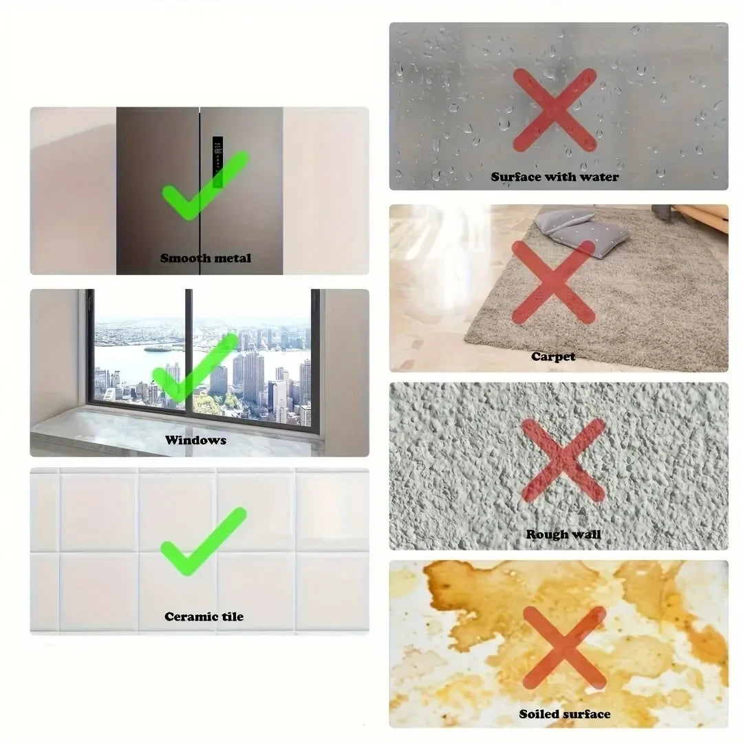Collage of surfaces suitable and unsuitable for applying a product, with green checkmarks and red crosses.