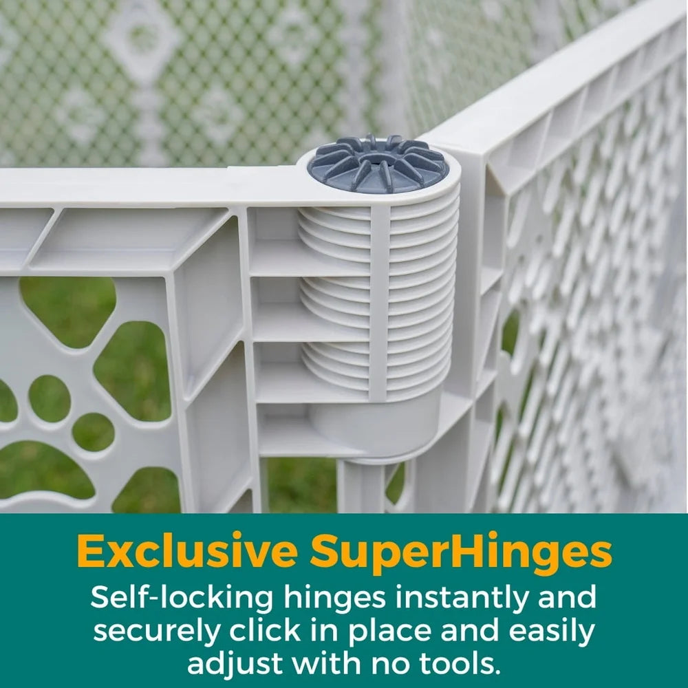 Close-up of a white plastic structure with gray SuperHinges, featuring text about the product's features.