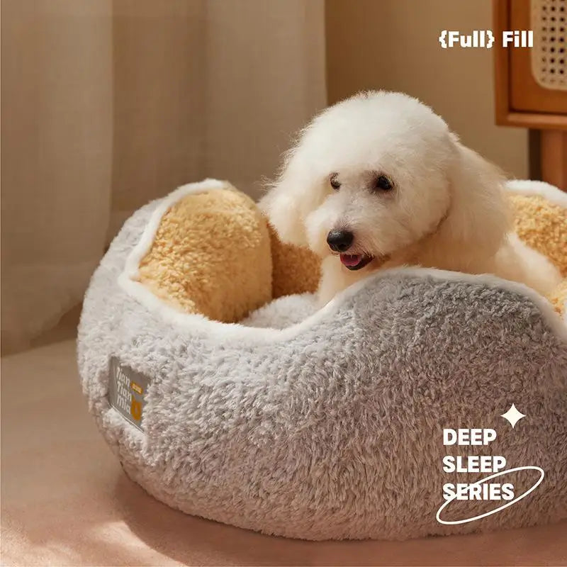 White dog in a fluffy pet bed with 'Full Fill' branding
