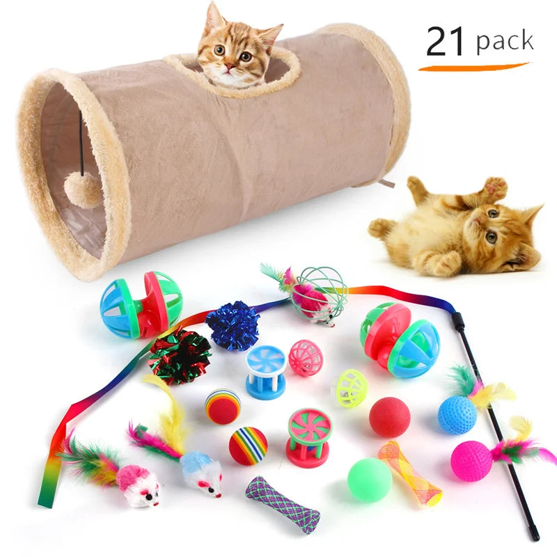 Cat tunnel with toys and two cats interacting on a white background