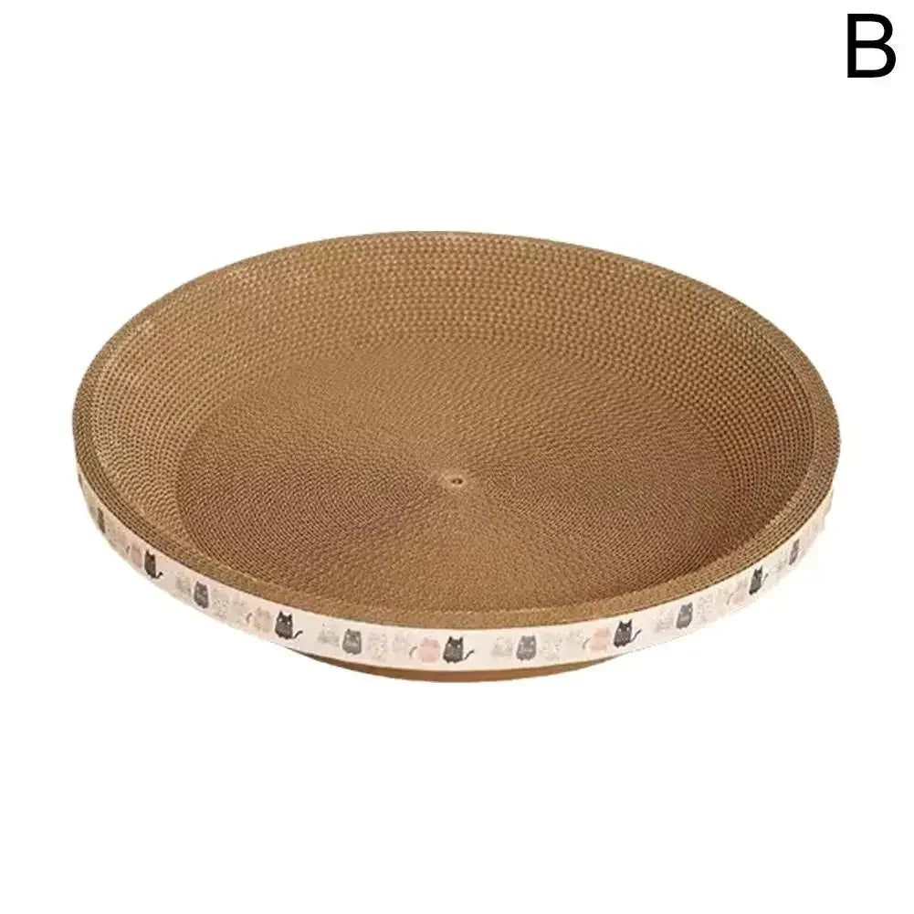 Round cardboard cat scratcher with a patterned edge on a white background