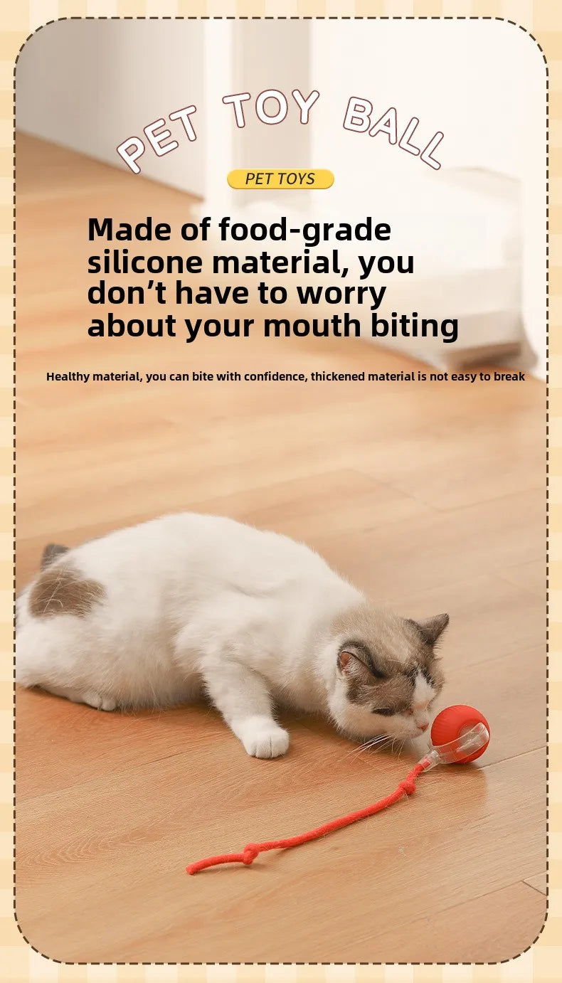 Cat playing with a red pet toy ball on a wooden floor, with text about the toy's material.