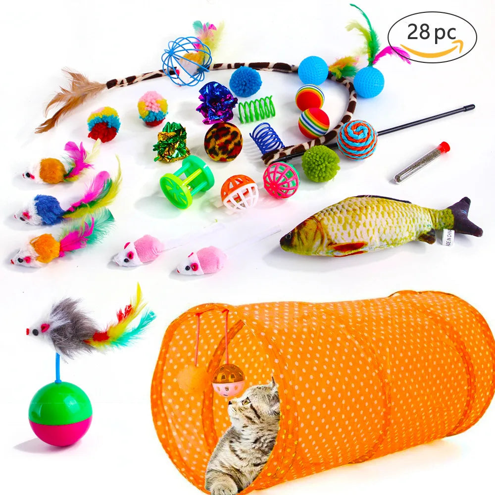 Assorted cat toys including a tunnel, balls, and play mice on a white background