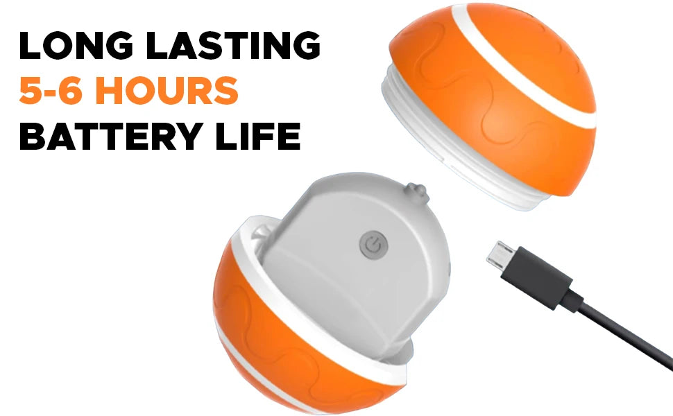 Orange and white electronic device with charging cable on a white background, highlighting battery life.