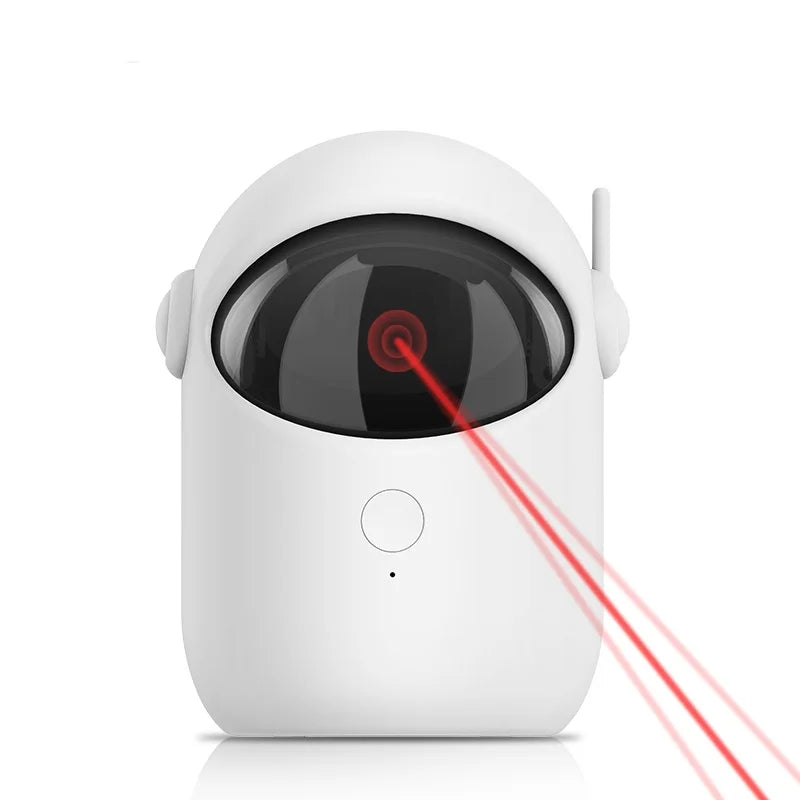 White robot toy with red laser on a white background