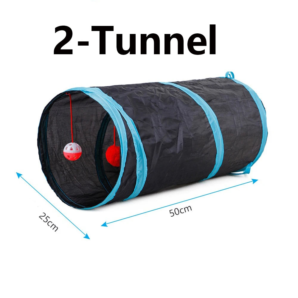 Black and blue pet tunnel with two tunnels on a white background