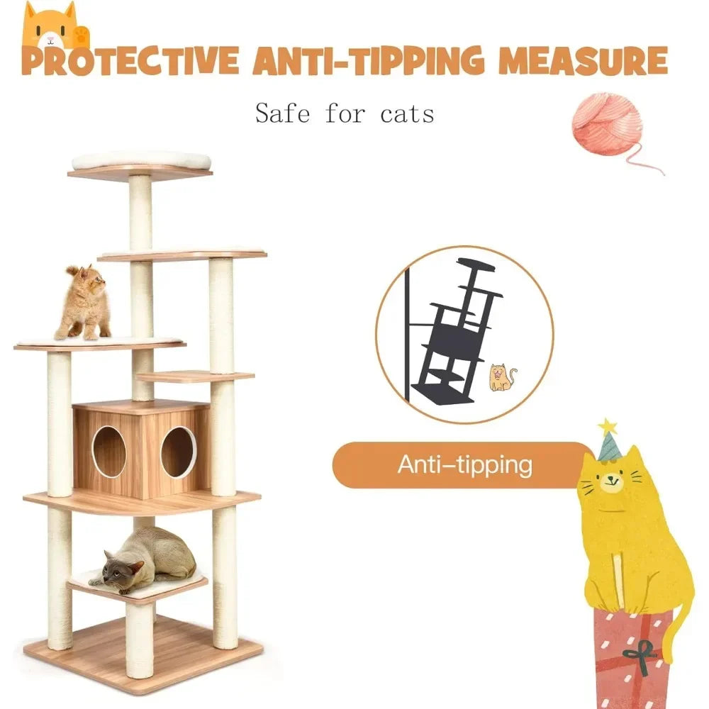 Cat tree with protective anti-tipping measure feature, safe for cats.
