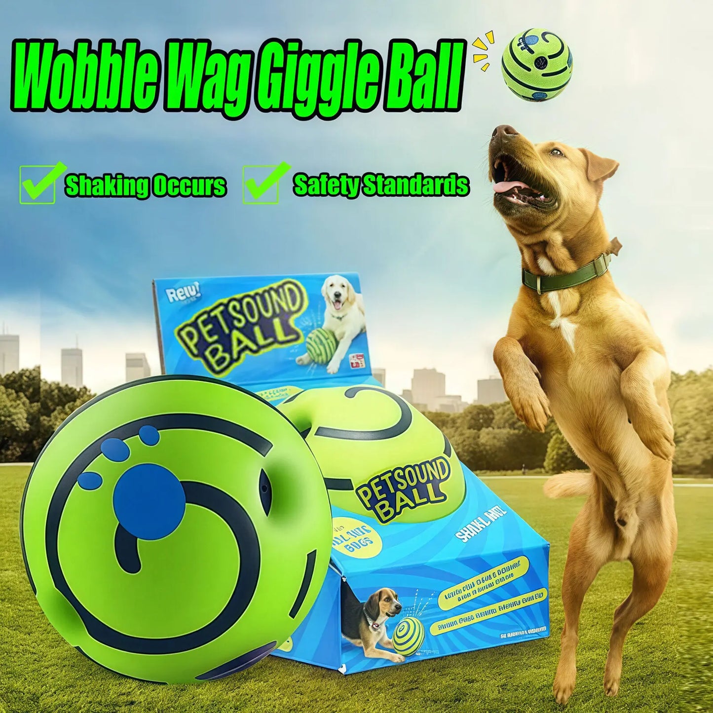 Dog playing with a green 'Wobble Wag Giggle Ball' toy with packaging and a dog jumping in the background.