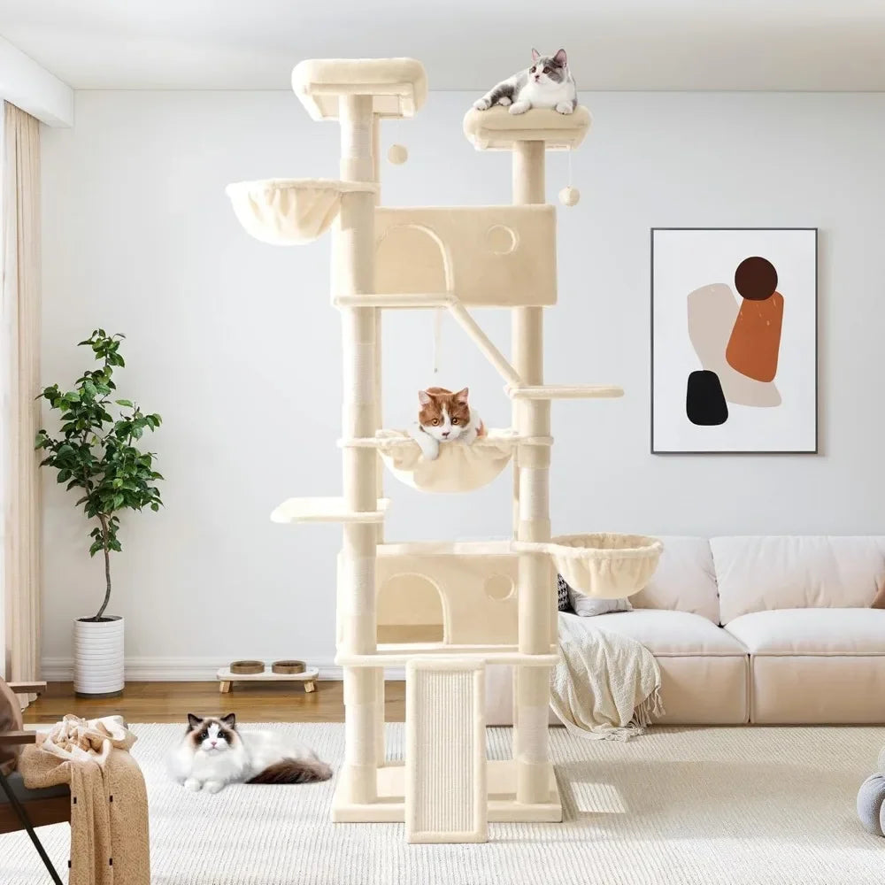 Cat tree with multiple levels and perches in a living room setting.
